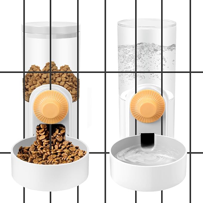 Hanging Cage Automatic Small Pet Food Bowl Water Bottle Dispenser, 1L Auto Gravity Pet Feeder and Waterer Set Kennel Feeding Station Crate Feeder Dish for Puppy Cats Rabbit Ferret (White)