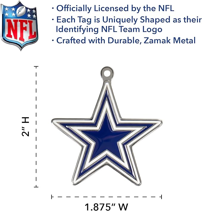 NFL Dallas Cowboys Engraving Pet ID Tags in 32 Team Logo Shapes Personalized Dog Tags and Cat Tags with 3 Lines of Customizable Text for Tracking & Safety. Stainless Steel Pet ID Tracking Tags