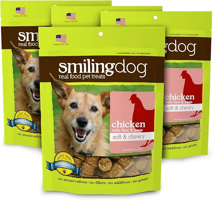 Herbsmith Smiling Dog Treats - Soft and Chewy Dog Treats for Senior Dogs - Dog Training Treats - Real Chicken Dog Treats with Flax & Peas - Bundle of 4
