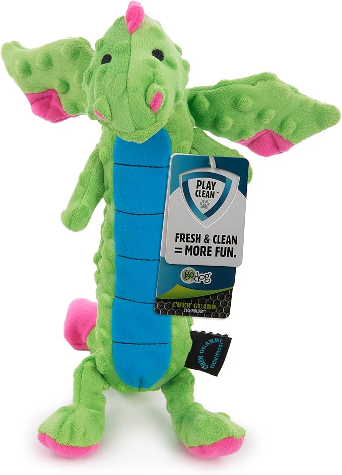 goDog PlayClean Skinny Dragon Squeaky Plush Dog Toy with Odor-Eliminating Essential Oils, Chew Guard Technology - Green, Large