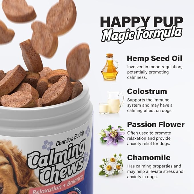Charlie & Buddy Calming Chews for Dogs, Dog Anxiety Relief, Promote Relaxation, Dog Calming Chews with Melatonin for Dogs, Chamomile, Magnesium Citrate, 90 Soft Chews, Beef Liver Flavor