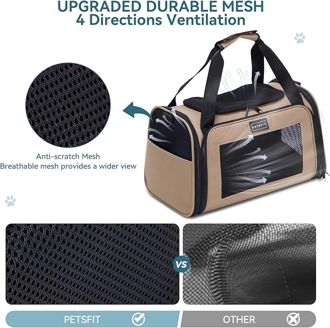 PETSFIT Pet Carrier for Cat, Dog Carrier for Small Dogs, Soft Cat Carrier Bag with Cozy Extendable Mat for Pets Under 25 Lbs (Large, Khaki)