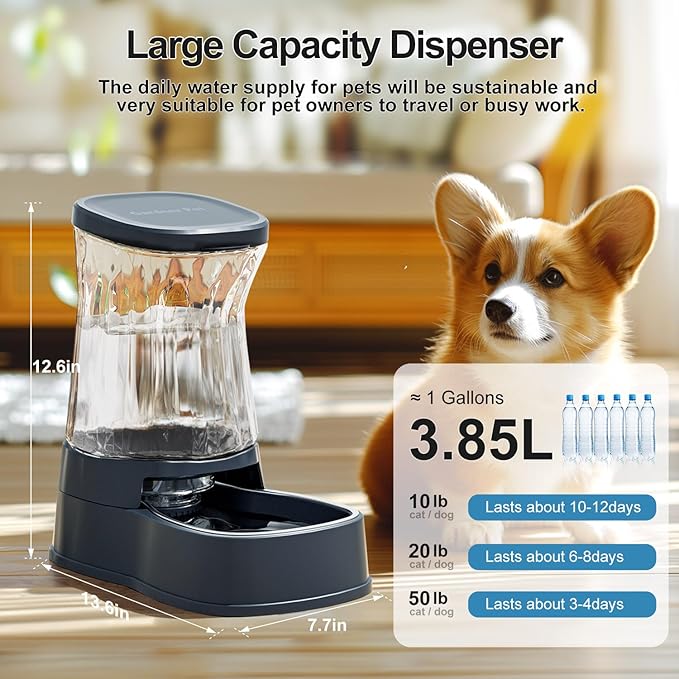 Automatic Dog Water Dispenser Gravity Stainless Steel Water Waterer Feeder, Large Capacity Water Feeding Bowls for Medium & Large-Sized Dogs Cats Other Pets -(1 Gallon)