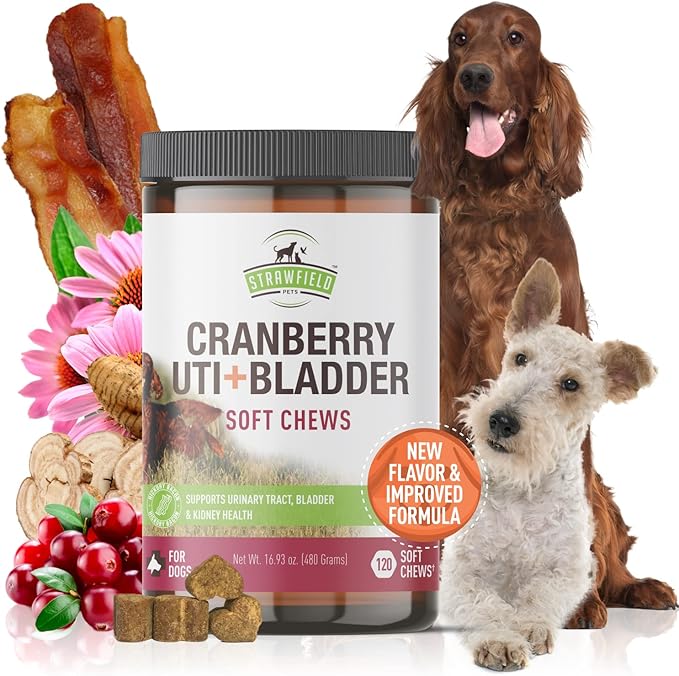 Strawfield Pets' Cranberry UTI + Bladder Soft Chews Cranberry Supplement for Dogs Urinary Tract - Bacon Flavor 120 Chews