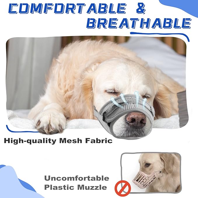Dog Muzzle Soft Air Mesh Muzzle for Large Dogs, Adjustable Pet Muzzle for Small Medium Dogs to Drink Normally, Breathable Reflective Muzzle for Dogs to Prevent Biting Barking(Grey,L-14)