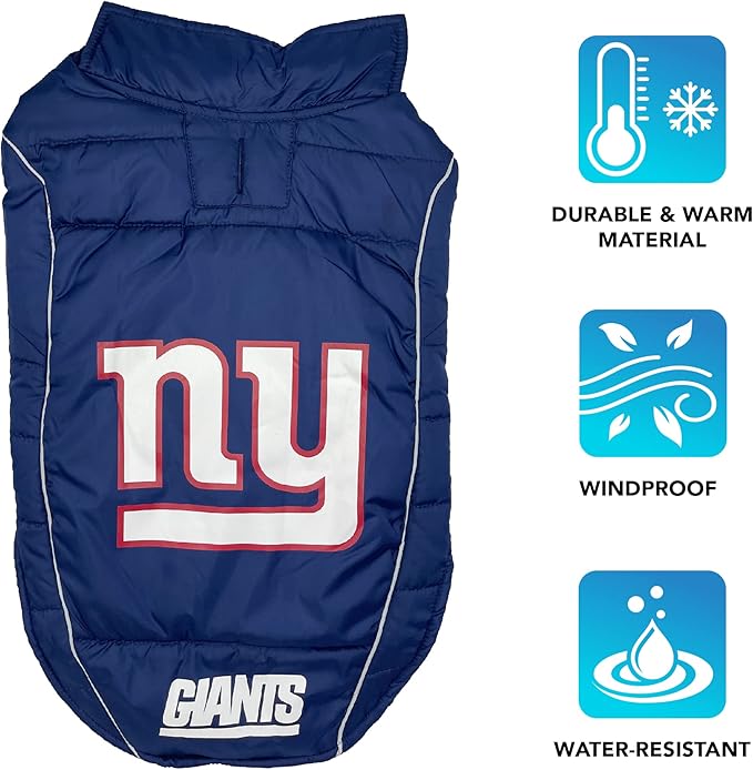 NFL New York Giants Puffer Vest for Dogs & Cats, Size Large. Warm, Cozy, and Waterproof Dog Coat, for Small and Large Dogs/Cats. Best NFL Licensed PET Warming Sports Jacket