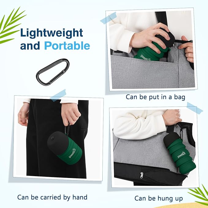 Pecute Dog Water Bottle Portable, 29oz Dog Foldable Water Bottle with Folding Bowl & Clip, 100% Food Grade Silicone, 5 Levels Capacity, Dog Water Bottle for Outdoor Walking, Hiking, Travel(Green)