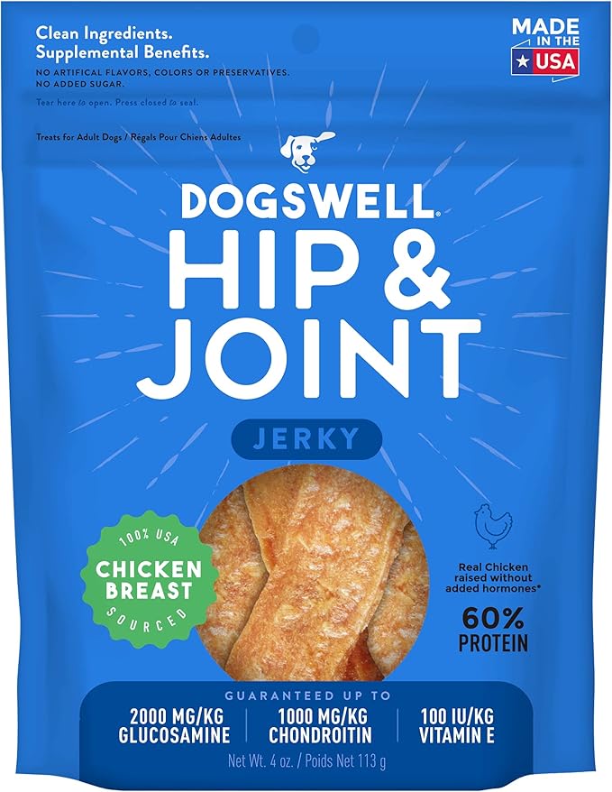 DOGSWELL Jerky Hip and Joint Dog Treats Grain Free Made in USA Only, Glucosamine and Chondroitin, 4 oz Chicken (842193)