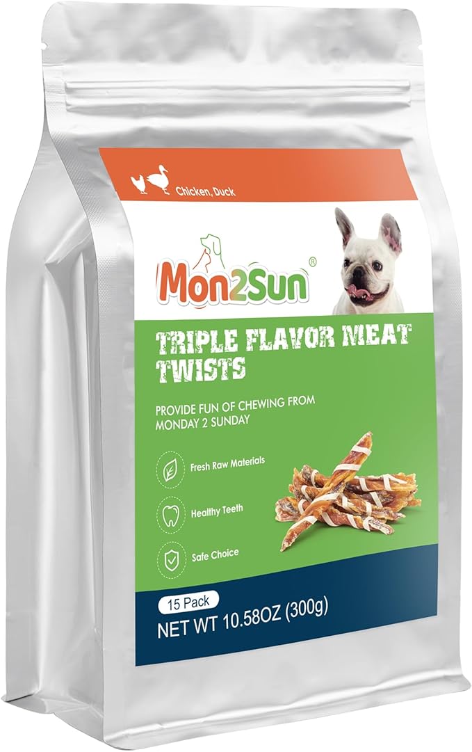 MON2SUN Dog Treats, Triple Flavor Jerky Twist Sticks, 5-7 Inch Chicken Duck and Codfish Sticks Dog Chews for Small Dogs, Healthy Dog Snacks, 10.58 oz (15 Count-Pack of 1)