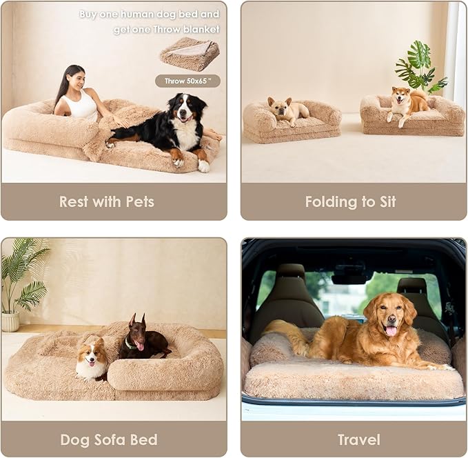 EHEYCIGA Foldable XL Dog Bed, Faux Fur Fluffy Dog Bed for Extra Large Dogs, Orthopedic Calming Memory Foam XL Dog Couch Bed, Washable Soft Warm Dog Sofa Bed with Non-Slip Bottom, Camel, 40"x30"x7"