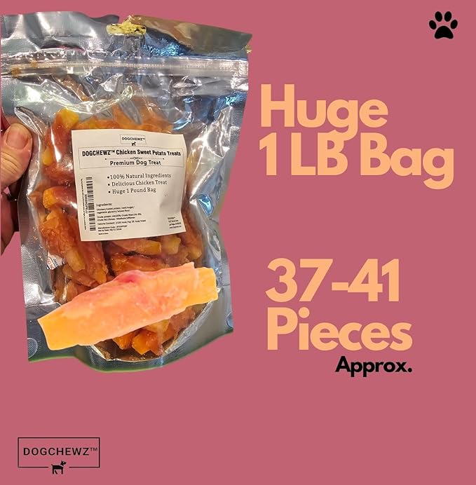 DOGCHEWZ™ Premium Chicken Wrapped Sweet Potato Jerky Treats for Dogs | Size: 1 LB (37-41 Pieces) | Made with Real Chicken and Sweet Potato, Easily Digestible, Long Lasting