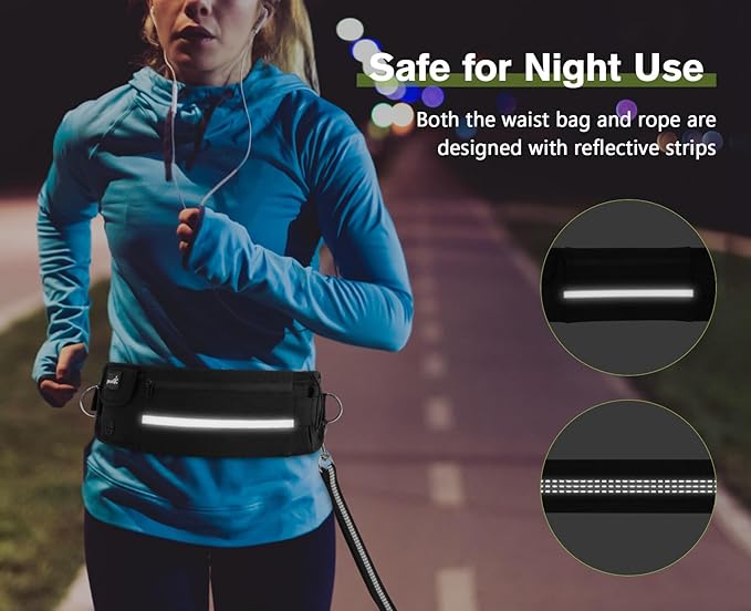 Pecute Hands Free Dog Leash with Pouch, Waist Belt Fanny Pack with Soft Pads, Dual Padded Handles and Durable Bungee for Walking, Hiking, Jogging Biking, and Running (Up to 220lbs) Black