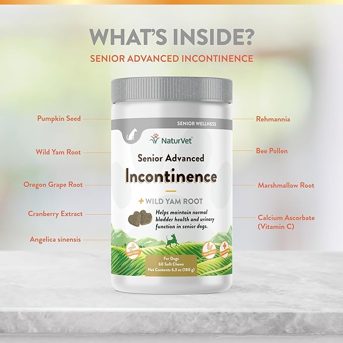 NaturVet Senior Advanced Incontinence Dog Supplement – Helps Support Dog’s Bladder Control, Normal Urination – Includes Synergistic Blend of Botanicals – 60 Ct. Soft Chews