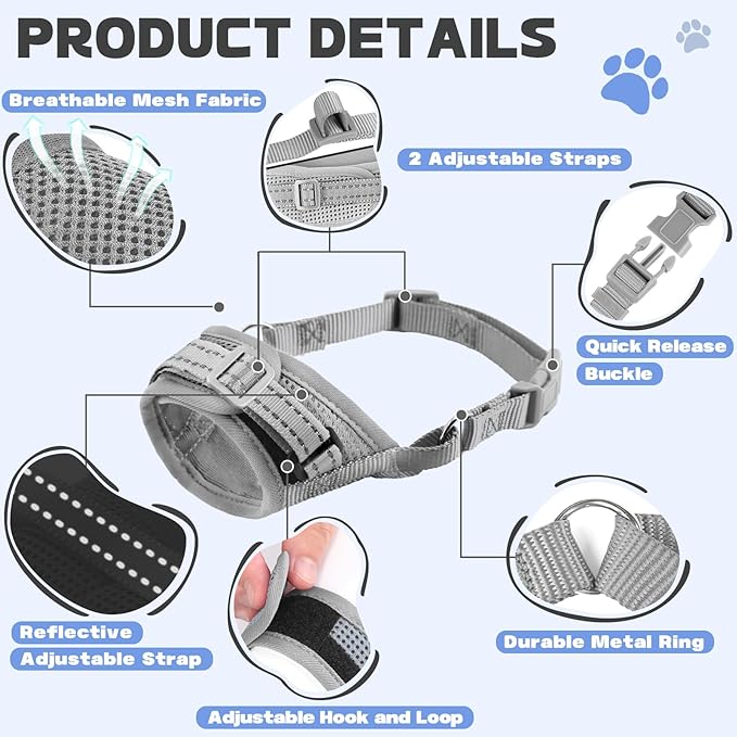 Dog Muzzle Soft Air Mesh Muzzle for Medium Dogs, Adjustable Pet Muzzle for Small and Large Dogs to Drink Normally, Breathable Reflective Muzzle for Dogs to Prevent Biting(Grey,L-13)