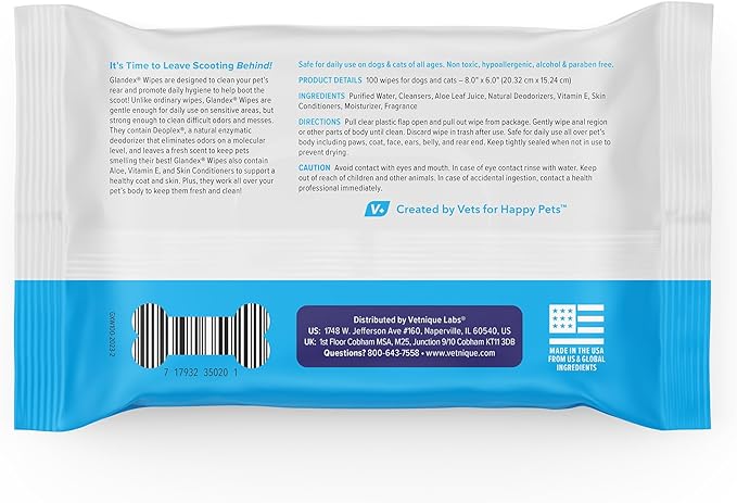 Vetnique Labs Glandex Dog Wipes for Pets Cleansing & Deodorizing Anal Gland Hygienic Wipes for Dogs & Cats with Vitamin E, Skin Conditioners and Aloe (100ct Pouch)
