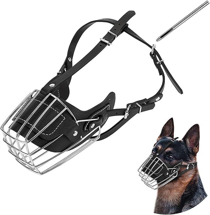 Dog Muzzle, Dog Metal Face Basket, Dog Mouth Breathable Adjustable Leather Leash Suitable for Large Medium-Sized Dogs (L)