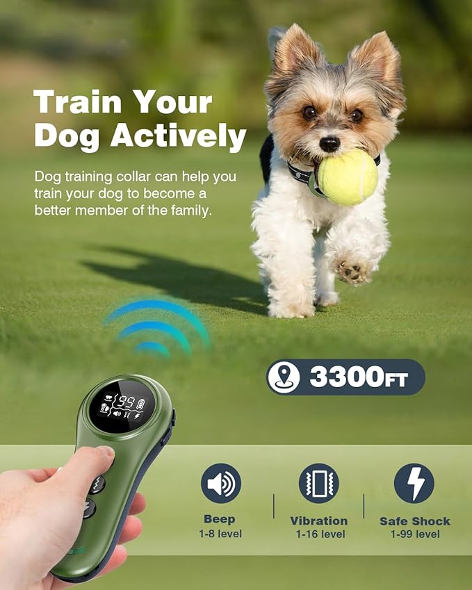 2-in-1 Dog Shock Collar & Dog Bark Collar - Smart Anti Barking Dog Training Collar with 5 Adjustable Sensitivity & 3300FT Remote for All Breeds IP67 Waterproof Rechargeable E-Collar (Green)