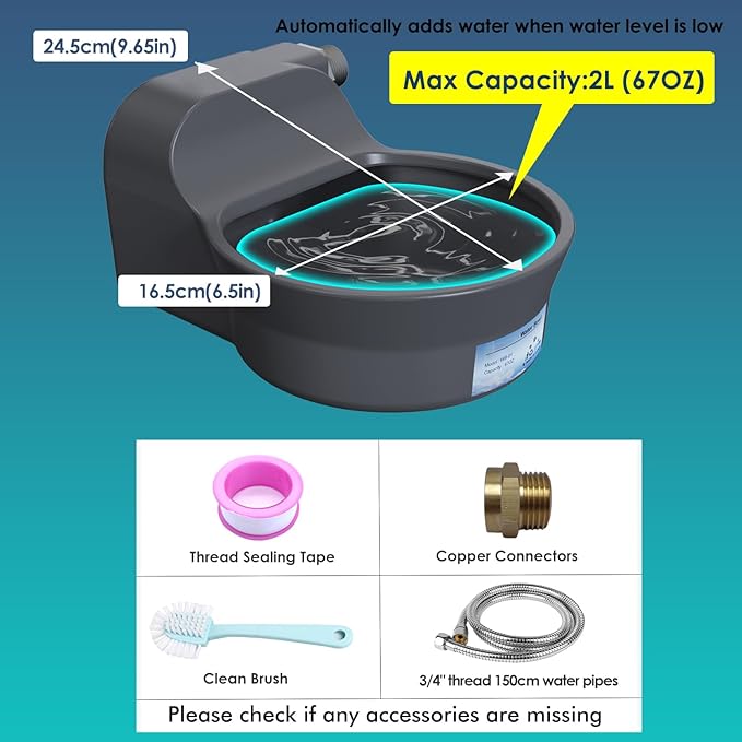 Automatic Water Bowl for Dogs, Patented 2L Dog Water Bowl Dispenser, Automatic Dog Waterer Fit 3/4'' GHT Faucet, Fit Water Pipe, Copper Connector Outdoor Dog Water Bowl for Chicken Livestock Animal