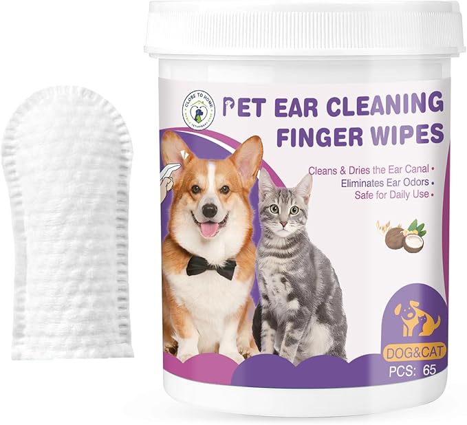 65pcs Pet Ear Cleaning Finger Wipes Cat Dog Ear Wipes Cleaner Cat and Dog Care Remove Earwax Debris Deodorize Relieve Ear Itching and Inflammation Non-Irritating Easy to Use Plant Fragrance
