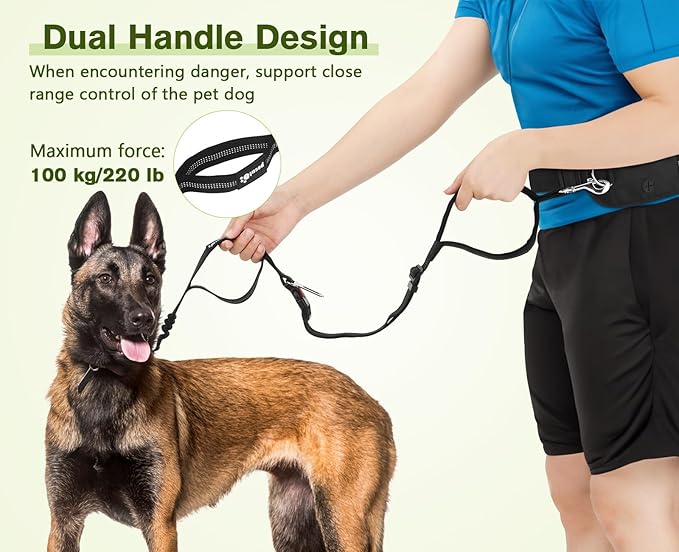 Pecute Hands Free Dog Leash with Pouch, Waist Belt Fanny Pack with Soft Pads, Dual Padded Handles and Durable Bungee for Walking, Hiking, Jogging Biking, and Running (Up to 220lbs) Black