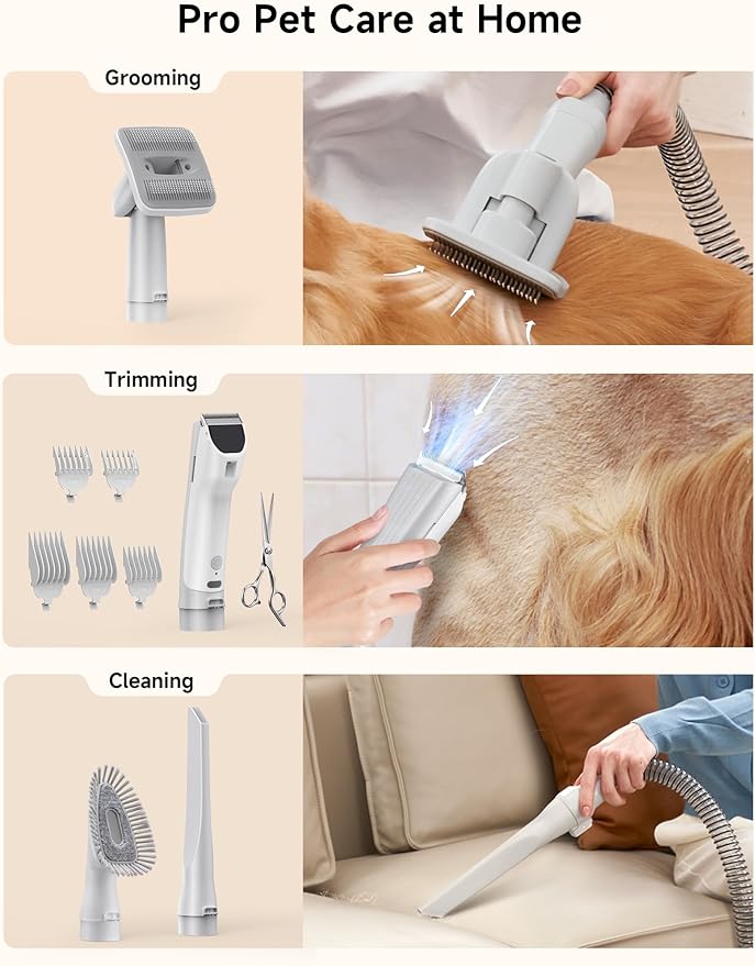 Hicozy S1+ Dog Grooming Kits, Minimum 50dB Pet Friendly Vacuum Machine, 12Kpa/120V Pet Grooming Vacuum for Dogs with 2L Dust Cup, 6 Professional Pet Grooming Kit for Dogs Cats, Gray