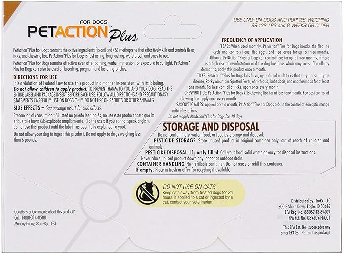 Pet Action Plus Flea & Tick Treatment for XL Dogs, 89-132 lbs, 3 Month Supply