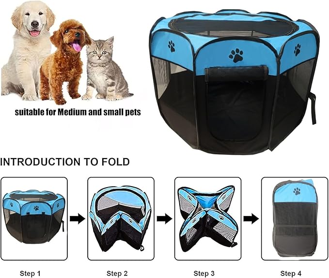 Portable Pet Playpen for Small Cat Dog Puppy Rabbit,Cat Kitten Playpen Indoor Outdoor with Carrying Case,Waterproof Bottom and Removable Zipper Top (M(35.4" x35.4" x23.6"), Blue)