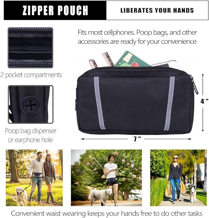 Hands Free Dog Leash, Waist Leash for Dog Walking, Running Leash with Zipper Pouch for Medium Large Dogs, Dual Handle and Retractable Bungee Hands Free Leash for Training Jogging Hiking