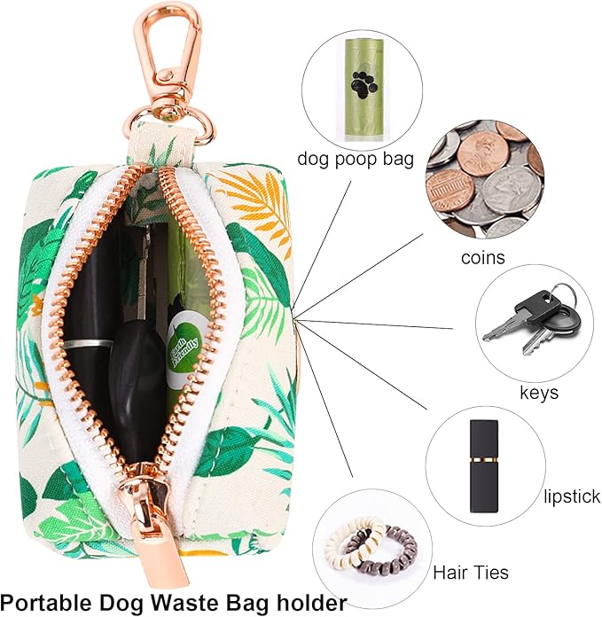 ARING PET Dog Waste Bag Dispenser, Cotton Doggy Poop Bags Holders Attach to Any Leashes, Portable Washable Leaf Pattern Pet Waste Pouch Dispenser with Metal Zipper