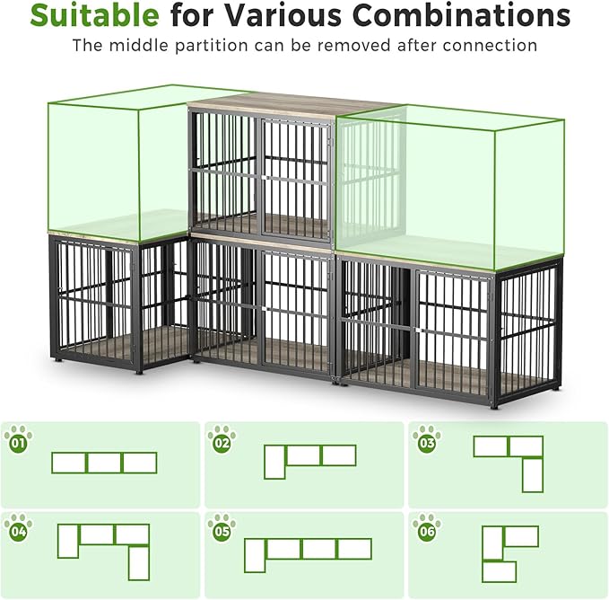39'' L-Shaped Corner Dog Crate Furniture Large Breed with Double Rooms,Wooden Dog Crate End Table Indoor with Removable Divider for Small to Medium Dogs, Can Use Separately