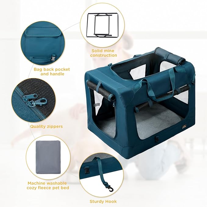 28 Inch Collapsible Soft Large Dog Crate, 3 Door Portable Dog Crates for Large Dogs, Soft Sided Dog Kennel with Chew Proof Mesh Windows, Dog House Indoor & Outdoor, Travel Dog Crate