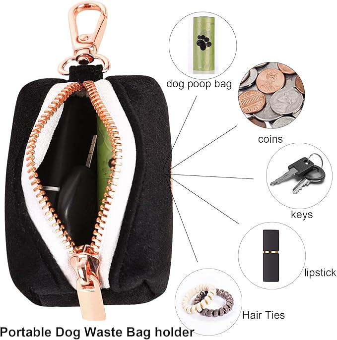 ARING PET Dog Waste Bag Dispenser, Soft Black Doggy Poop Bags Holders Attach to Any Leashes, Velvet Portable Washable Pet Waste Pouch Dispenser with Metal Zipper
