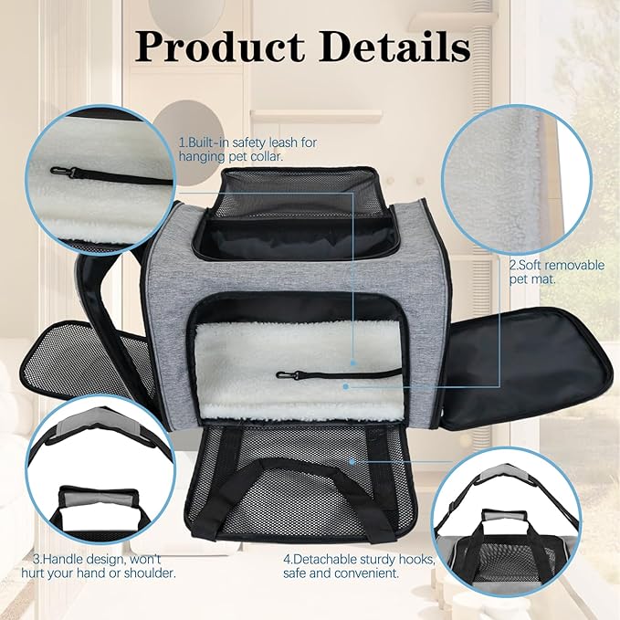 Dog Cat Carrier Pet Carriers for Small Medium Large Cats Dogs Carrier Soft Sided Small Puppy Dog Carrier Portable Foldable Airline Approved Dog Cat Travel Carrier Grey Black M