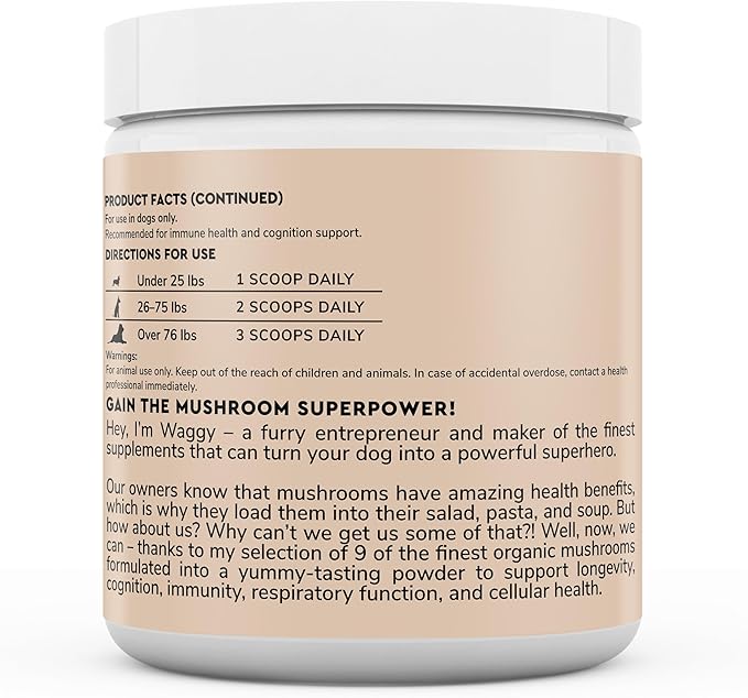Immune Support Mushroom Powder for Dogs – Organic Mushroom Complex for Immunity, Cognition, Cellular Health, Longevity - With Turkey Tail Mushroom for Dogs, Reishi & Lions Mane – 90 Scoops
