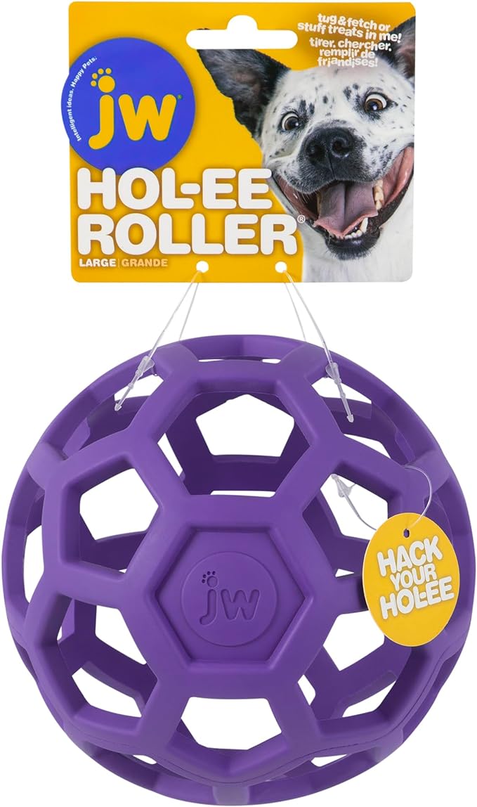 JW Pet Hol-ee Roller Dog Toy Puzzle Ball, Natural Rubber, Large (5.5 Inch Diameter), Colors May Vary