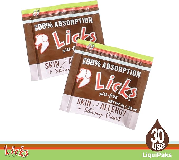 Licks Pill-Free Dog Skin and Allergy - Omega 3 Dog Allergy Relief - Dog Vitamins & Supplements for Itch Relief - Turmeric Supplement for Dog Skin - Gel Packets - 30 Use