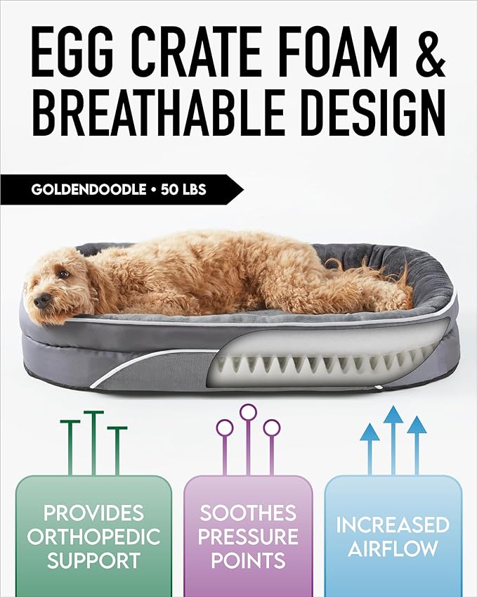 Orthopedic Dog Bed for Extra Large Dogs, Dog Couch Design with Egg Foam Support, Removable, Machine Washable Plush Cover and Non-Slip Bottom with Four Sided Bolster Cushion (Gray)