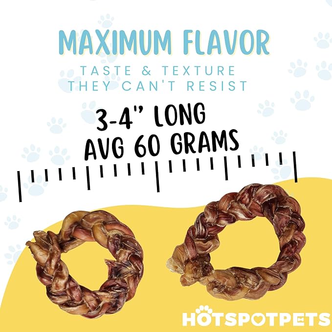 hotspot pets Braided Bully Stick Rings for Dogs - Premium All Natural Long Twisted Beef Pizzle Dog Chew Treats - Grain Free Fully Digestible Rawhide Alternative Bones