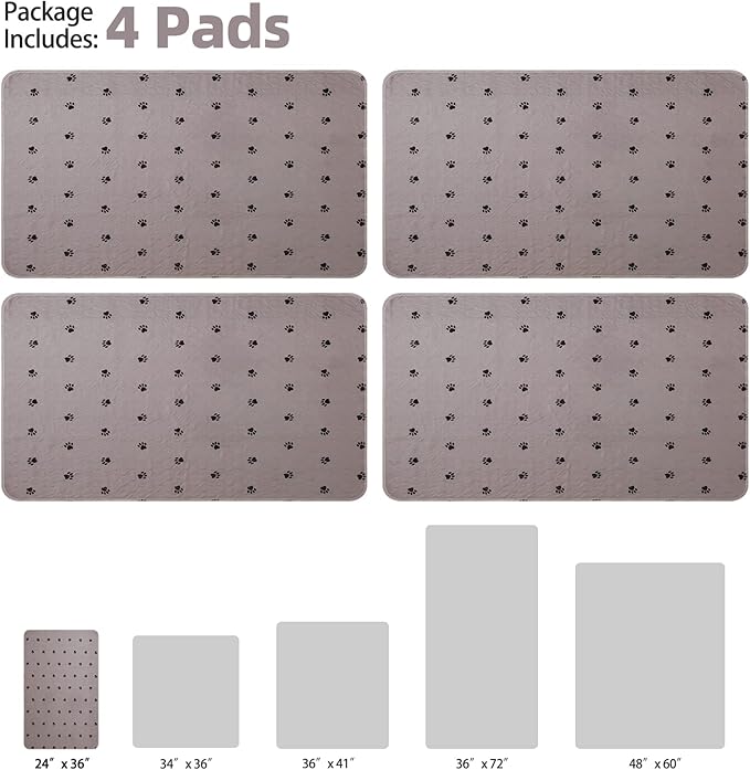 PUPTECK Washable Pee Pads for Dogs - 4 Packs Waterproof Reusable Puppy Potty Training Pads Whelping Mat 24" x 36â- Fast Absorption Non-Slip Pet Food Feeding Mat - Pad for Small Animals