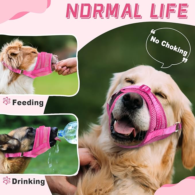 Dog Muzzle Soft Air Mesh Muzzle for Large Dogs, Adjustable Pet Muzzle for Small Medium Dogs to Drink Normally, Breathable Reflective Muzzle for Dogs to Prevent Biting Barking(Pink,XL-2)