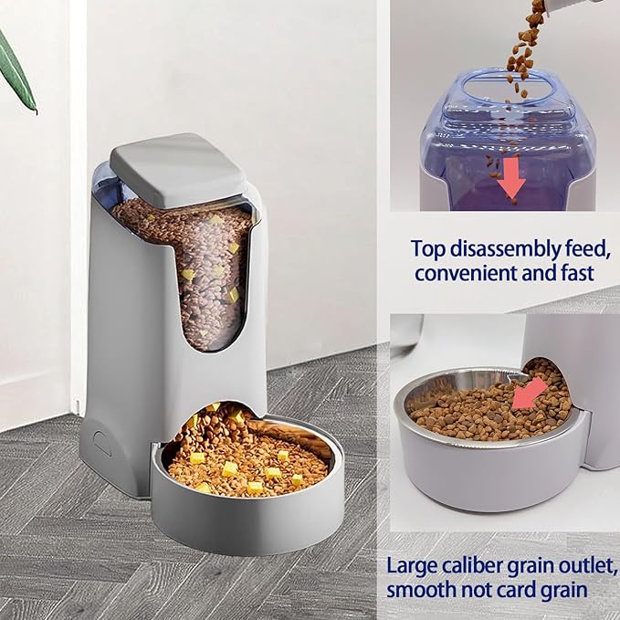 Pets Automatic Gravity Feeder Dogs 2.8L Food & 4L Water Dispenser Set with Stainless Steel Bowl for Small Medium Big Puppy Kitten(Light Gray)