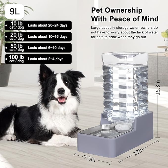 Sfozstra 9L Automatic Dog and Cat Water Dispenser with Stainless Steel Bowl Gravity Waterer,Large Capacity and Drinking,100% BPA-Free,Suitable for Medium and Large-Sized Cats and Dogs (Light Gray, 9L)