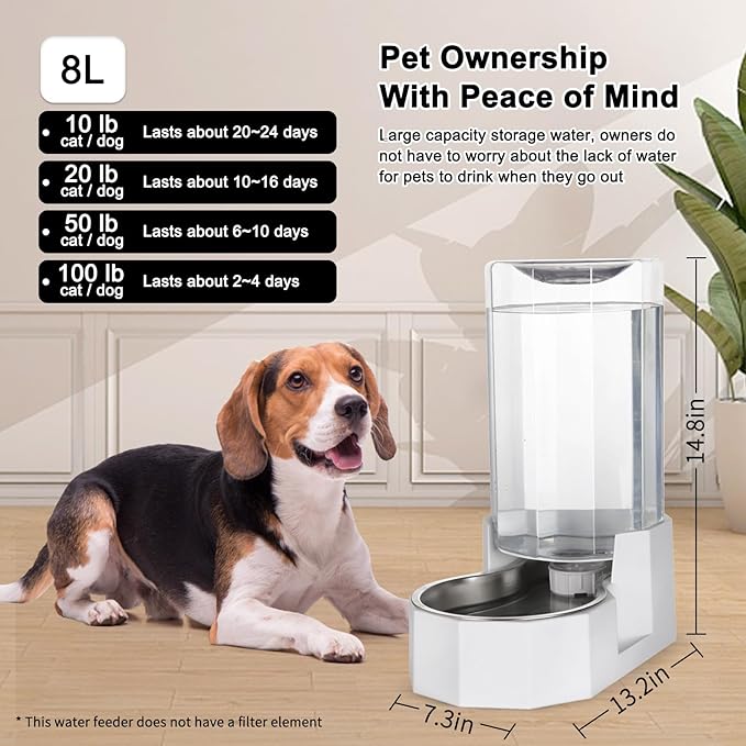 RIZZARI Automatic 8L Gravity Pet Water Dispenser with Stainless Steel Bowls, 100% BPA-Free,Safe and Large Capacity, Suitable for Small and Medium-Sized Cats and Dogs (8L Without Filter)
