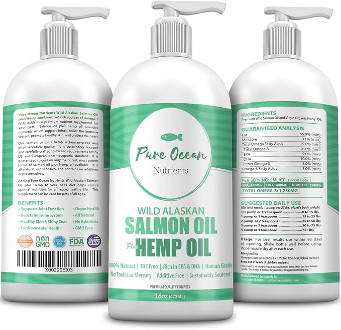 Wild Alaskan Salmon Fish & Hemp Seed Oil for Dogs 16 oz; Natural Liquid Supplement with Omega 3's Support Joint, Heart, and Immune Health; Essential Fatty Acids Promote a Shiny Coat and Healthy Skin