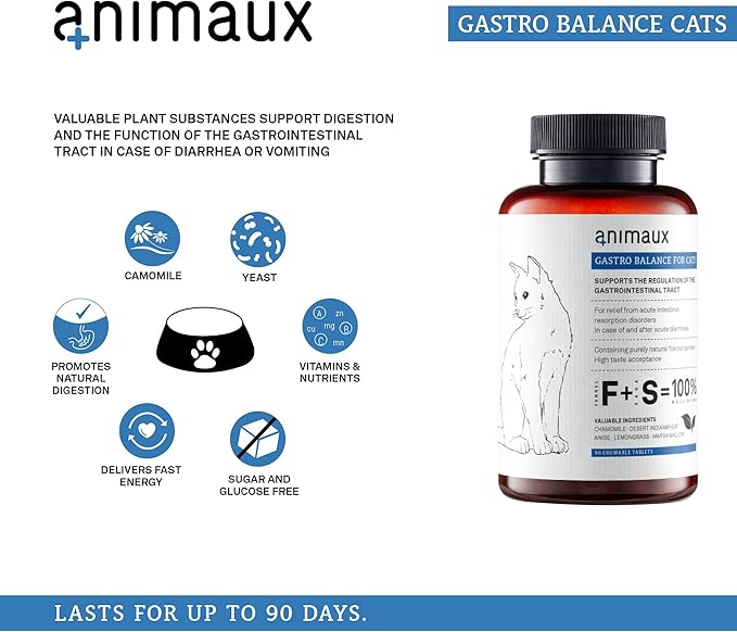animaux - Gastro Balance for Cats, Supports Gastro-intestinal Tract, Prevents Diarrhoea, Constipation, Hairballs & Flatulence, supplementary probiotics, 90 chewable Tablets, 90 days supply