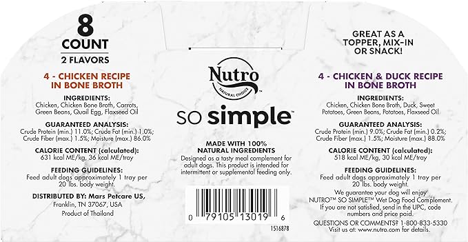 Nutro So Simple Meal Complement Wet Dog Food Chicken and Chicken & Duck Recipes in Bone Broth Variety Pack, 2 oz. Tubs, Pack of 8