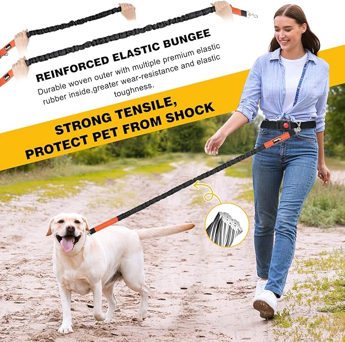 Pawaboo Hands-Free Dog Leash with Waist Belt, Elastic Dog Waist Leash with Wider Belt, Reflective Dog Running Belt Absorbing Shock, Durable Padded Handle Bungee Leash for Dogs (25-150 lbs, Black)