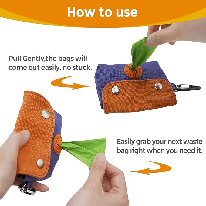 Dog Poop Bag Holder, Portable Dog Poop Bag Dispenser with 1 Metal Clip, Orange Button Canvas Poop Pag Polders for Leashes