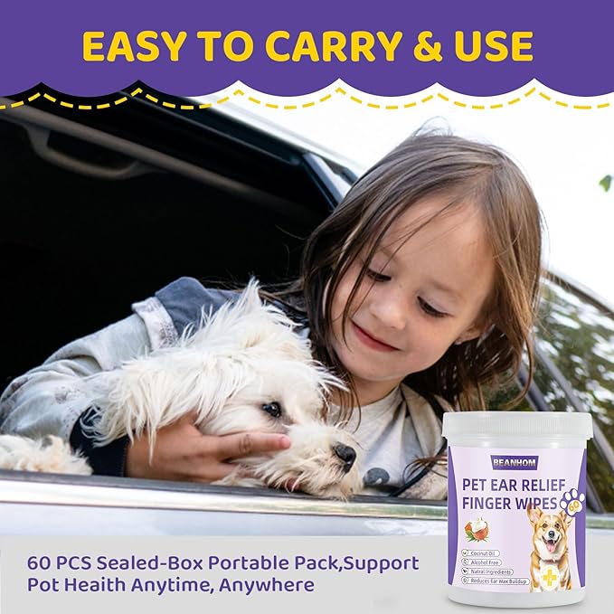 Dog Ear wipes Finger - Ear Finger Wipes for Dogs & Cats - Pet Ear Cleaning Finger Wipes - Sooths & Deodorizes, Prevent Ear Itch & Inflammation – Fresh Coconut Scent, All Natural Ingredients - 60 Count