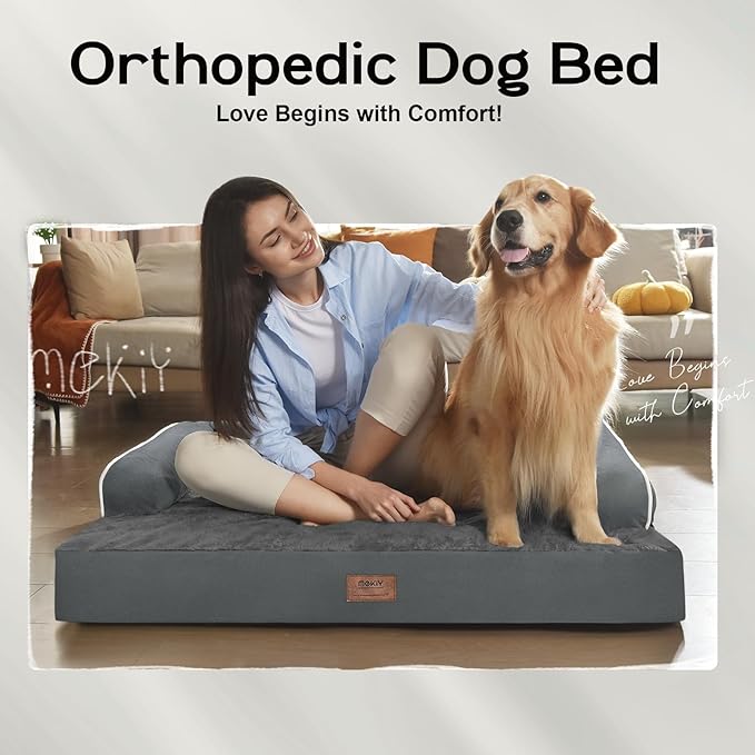 Large Dog Bed Orthopedic Washable: Dog Bed with Waterproof Cover and Removable Bolster, Egg Foam Couch Sofa for Medium XXXlarge Dogs